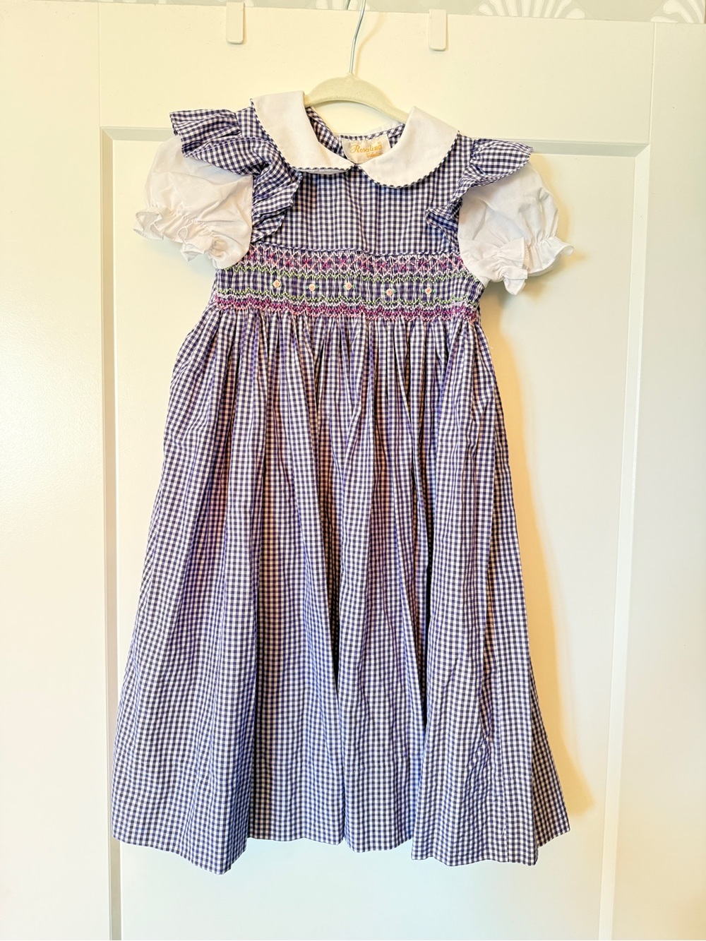 Smocked Purple Gingham Girls' Formal Dress with White Peter Pan Collar